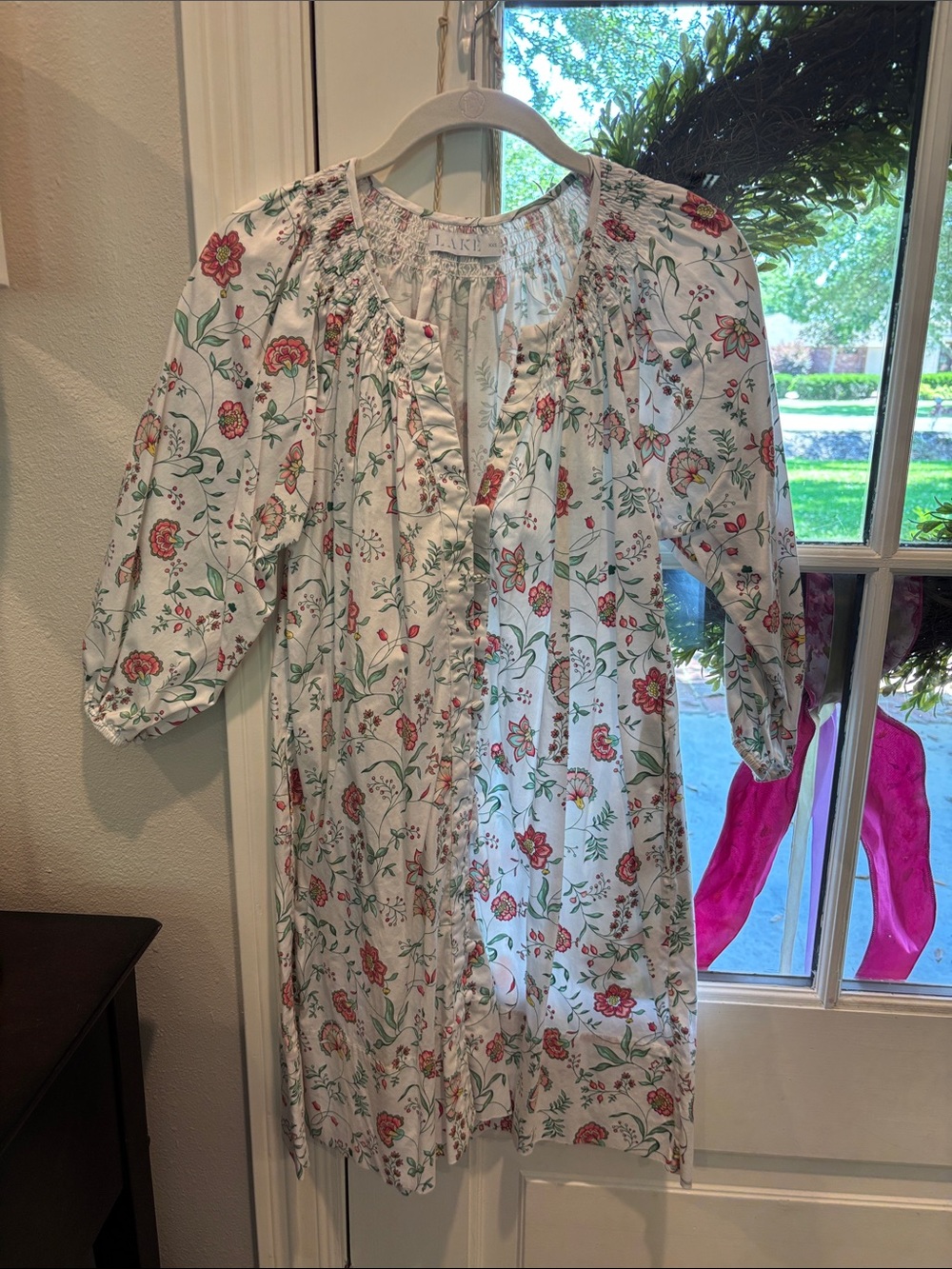 LAKE Floral Cotton Nightgown - White with Pink & Green Floral Print